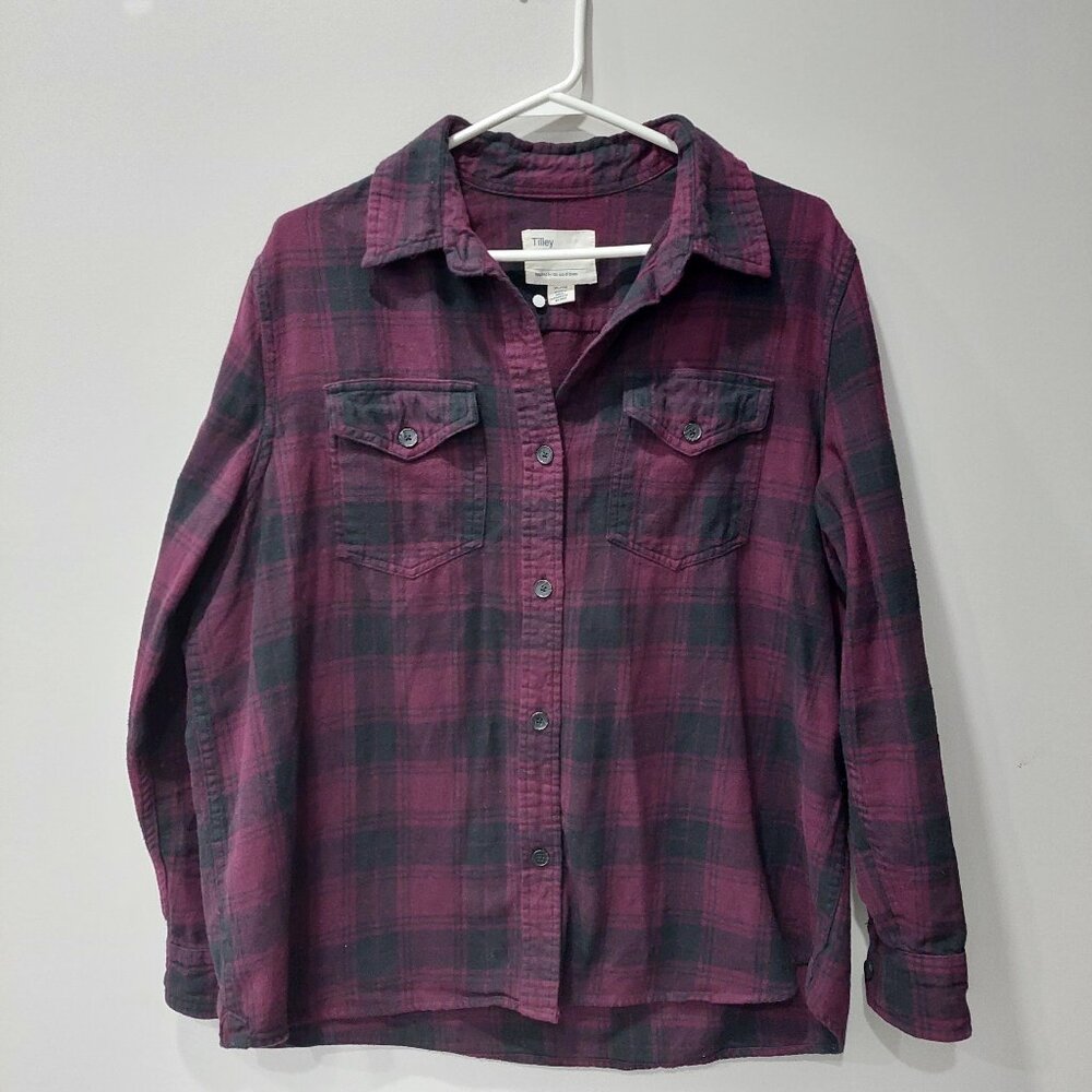 Tilley  Women's XL Flannel Plaid Button Down Shirt Purple Black 100% Cotton